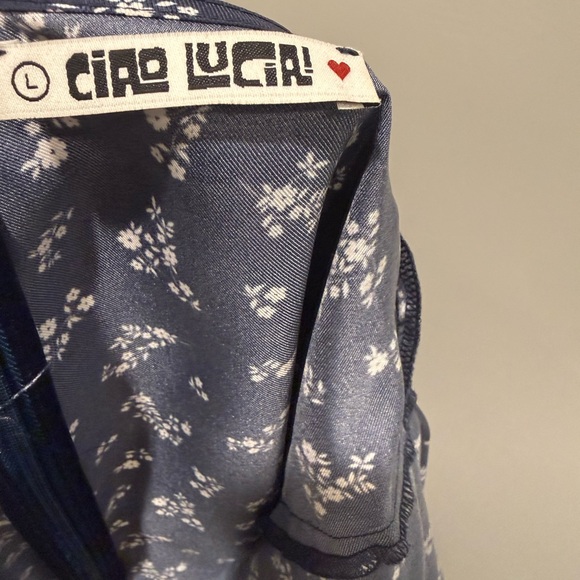 Ciao Lucia Tatiana Silk Mini Dress L Navy Floral Ruched Puff Sleeve Made in LA - Picture 7 of 8